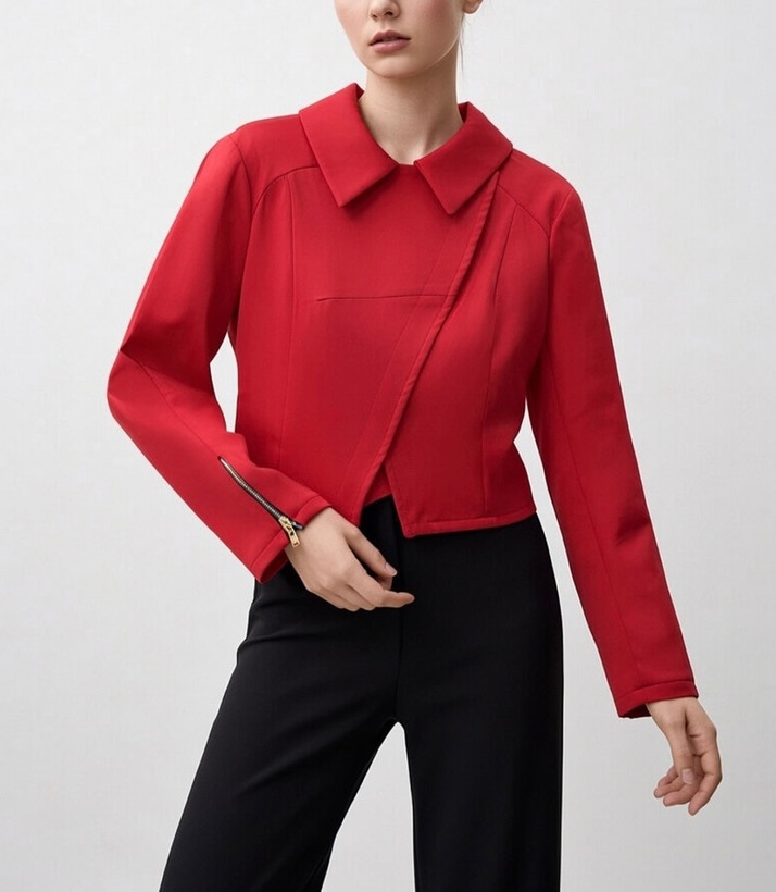 نمای نزدیک زیپ فلزی روی آستین کت کراپ کرپ زنانه