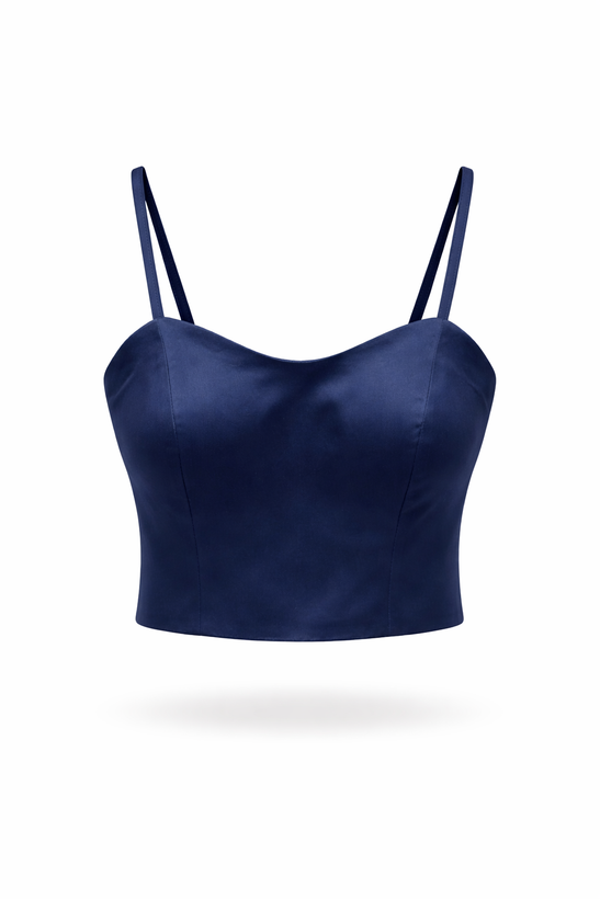 کراپ بندی زنانه ساتن کاپدار رنگ سورمه ای مجلسی