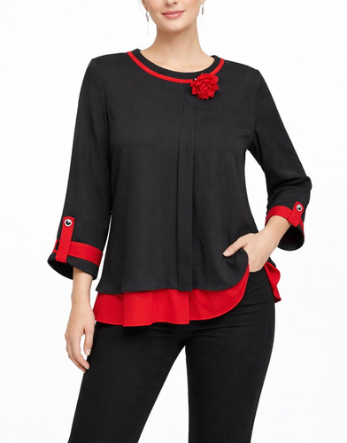 شومیز زنانه حریر سفید با طرح تکگل قرمزروی سینه