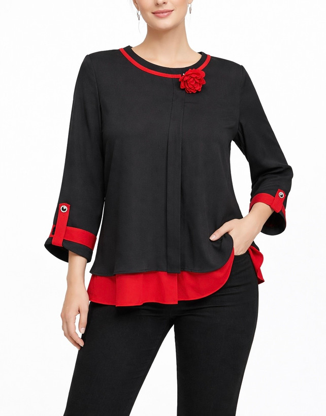 شومیز زنانه حریر سفید با طرح تکگل قرمزروی سینه