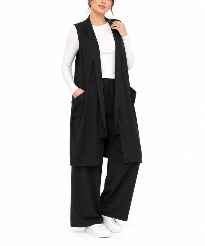 «وست زنانه لینن بلند قد ۹۰ با جیب و تنخور آزاد»